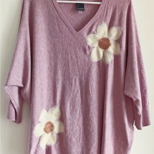 Aaeda Hazy Purple V-Neck Sweater with Wool Felting Floral Detailing